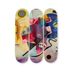 “Yellow-Red-Blue” triptych skateboard deck set by Wassily Kandinsky – three-deck composition featuring a vivid, abstract symphony of shapes and color fields. Part of THE SKATEROOM x Kandinsky collection supporting skate and education projects worldwide.