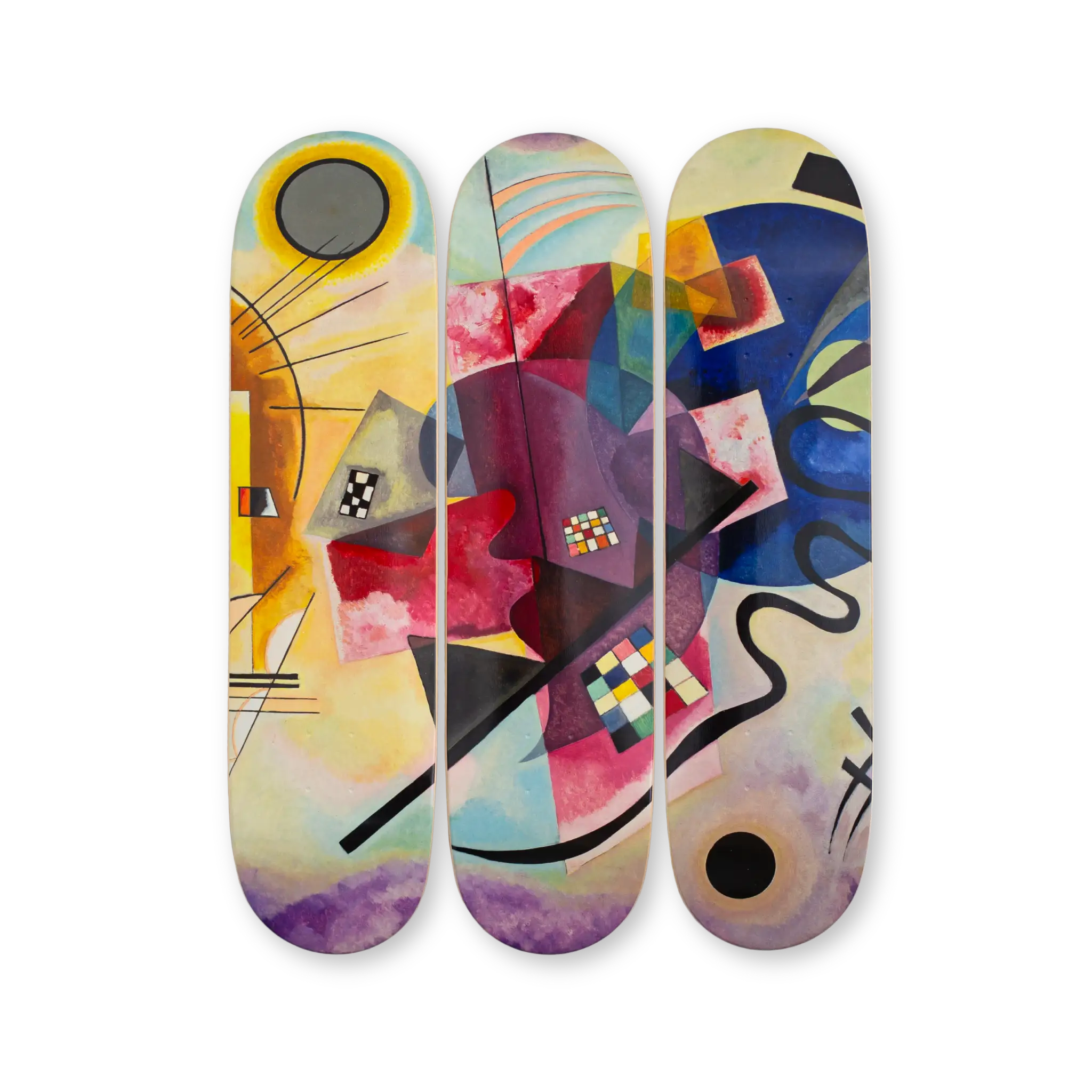 “Yellow-Red-Blue” triptych skateboard deck set by Wassily Kandinsky – three-deck composition featuring a vivid, abstract symphony of shapes and color fields. Part of THE SKATEROOM x Kandinsky collection supporting skate and education projects worldwide.