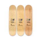 Top print of “Yellow-Red-Blue” triptych skateboard deck set by Wassily Kandinsky – natural wood grain finish with centered artwork reproduction and artist details on each deck, part of THE SKATEROOM x Kandinsky collection benefiting social skate projects.