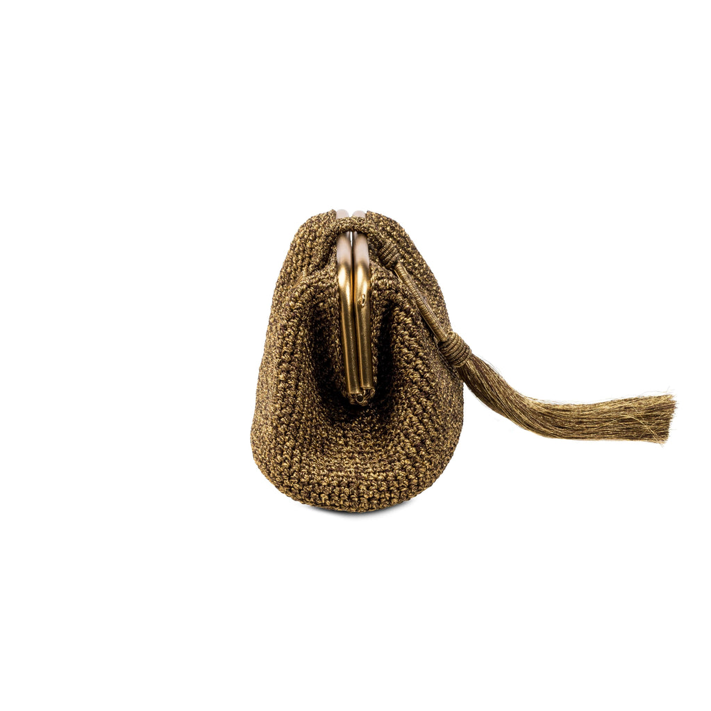 Lia Pouch Bag in elegant gold-toned fabric, featuring a chic metal clasp and stylish tassel, perfect for any occasion.
