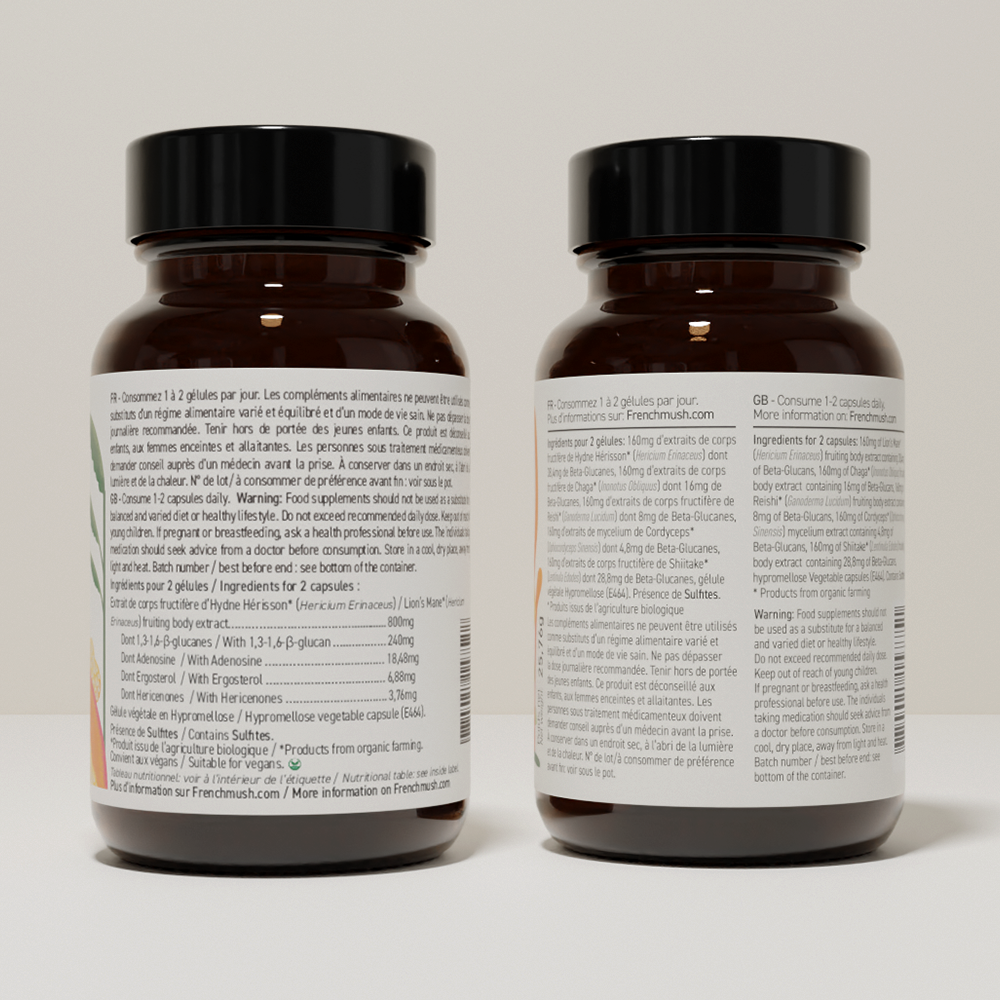 French Mush compléments alimentaires à base d'extraits de champignons médicinaux biologiques fabriqués en France Complexe Champignons 5 - Lion's Mane Bio - gélules -