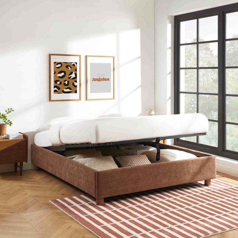 Lit Coffre Korall - Velours Côtelé Rétro Marron - Sommier Inclus