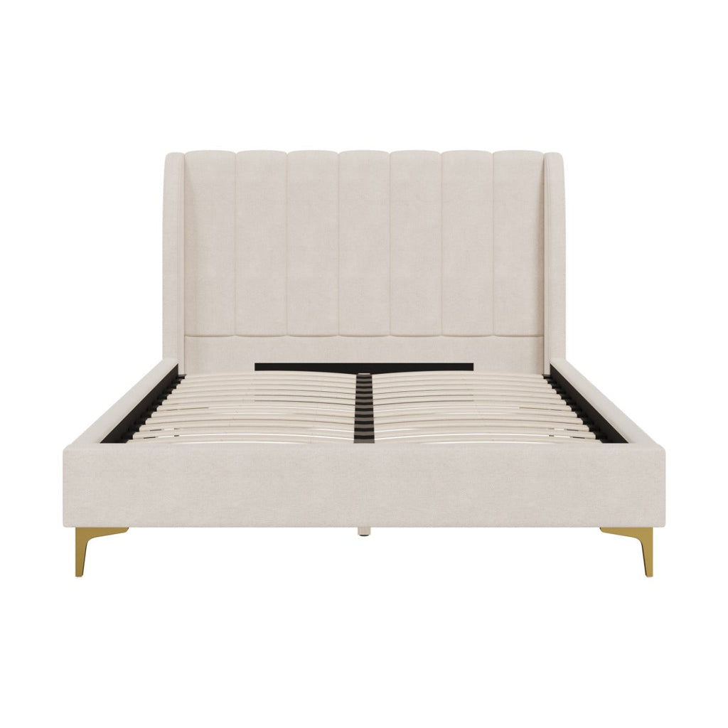 lit double koda en tissu beige avec pieds dore 