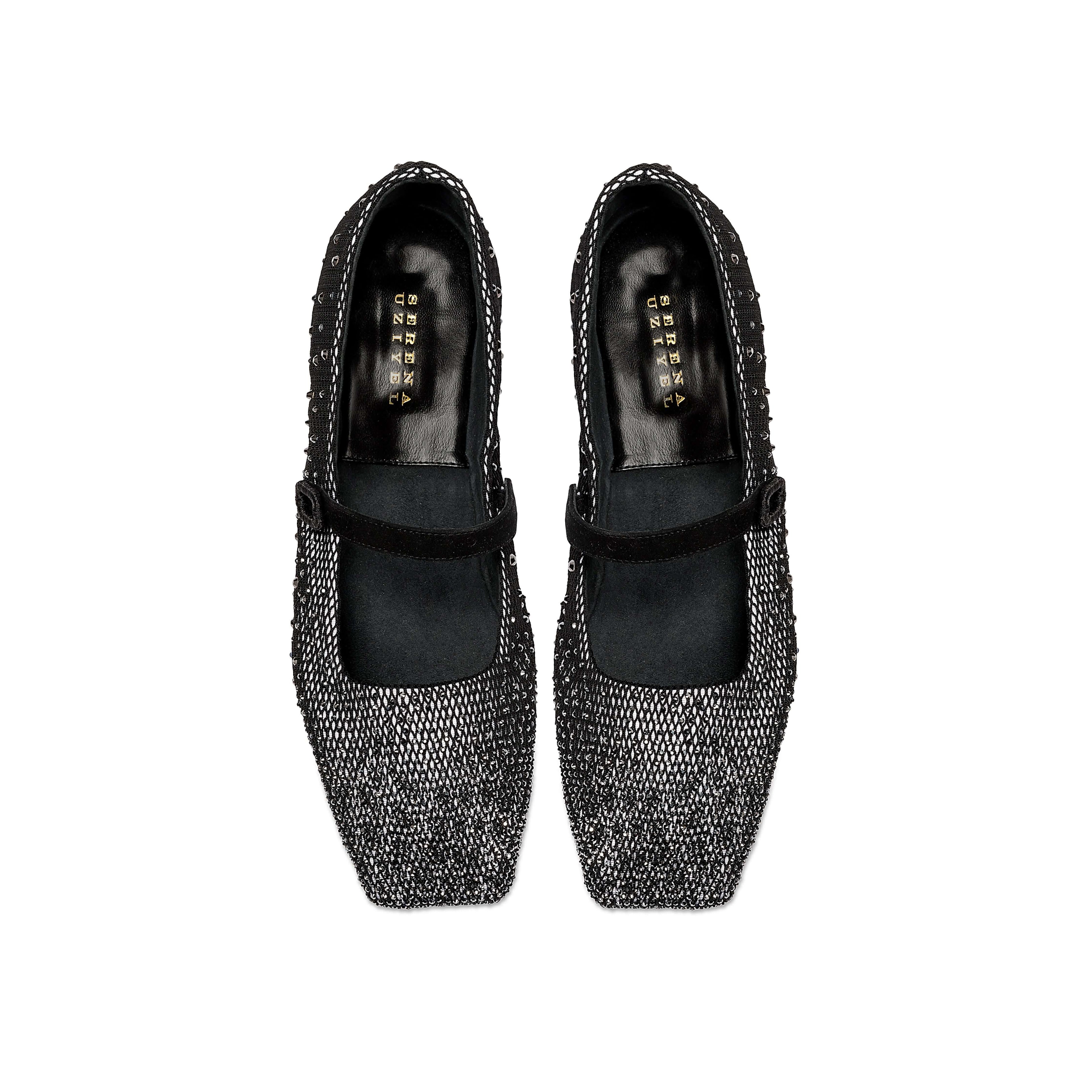 Lumina Crystal Black Flat Ballerina shoes, elegantly square-toed, adorned with crystals and a stylish strap, handcrafted in Italy.