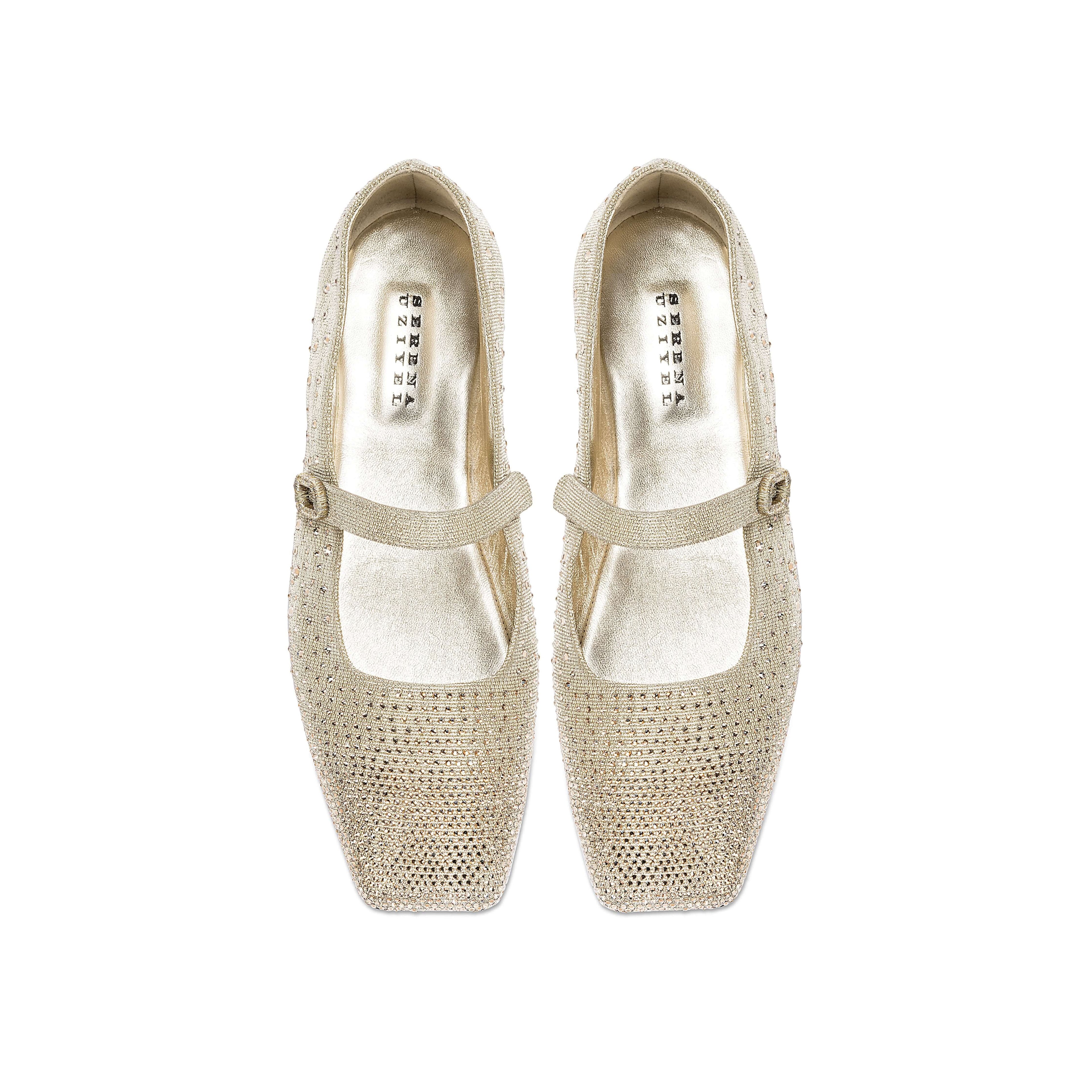 Lumina Crystal Gold Flat Ballerina shoes, elegantly designed square-toed Mary Janes with sparkling crystals, handcrafted in Italy.