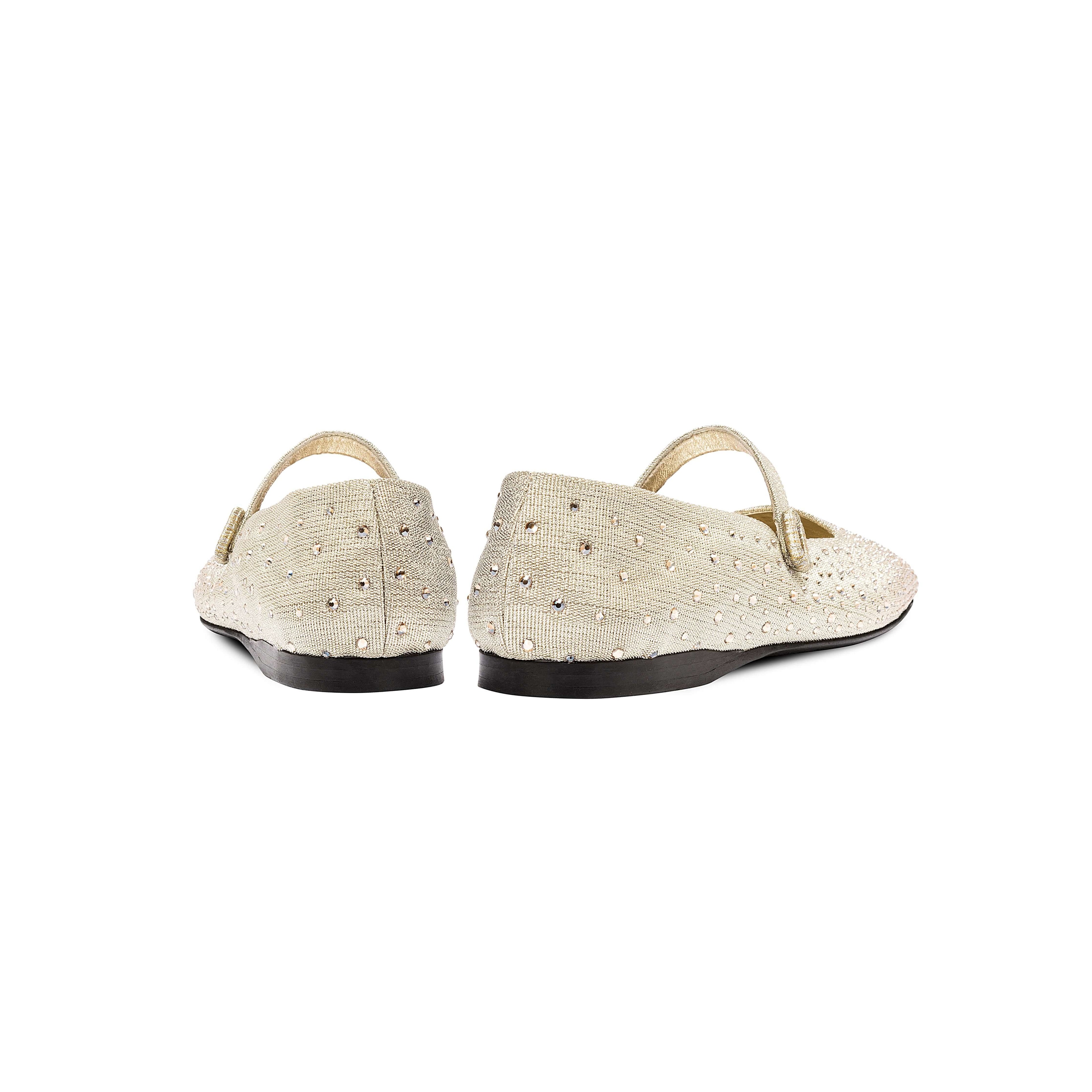 Back view of Lumina Crystal Gold Flat Ballerina shoes with sparkling crystals and slim strap, handcrafted in Italy.