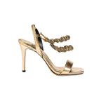 Lyra Gold High-Heel Sandal featuring handwoven embellishments and 90mm stiletto heels, perfect for special occasions.
