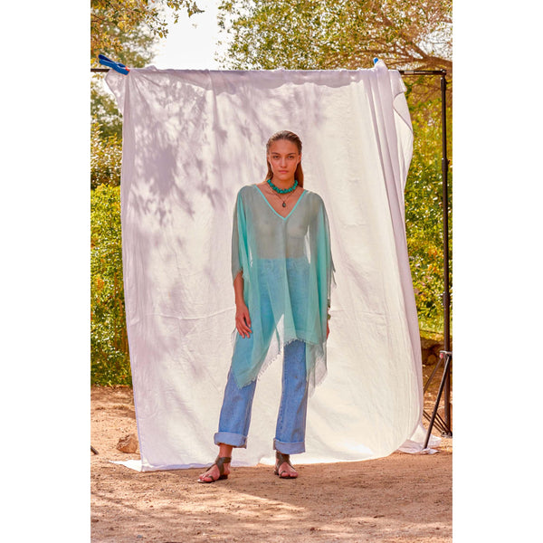Poncho Court Rafaele Etamine De Laine - Lagon