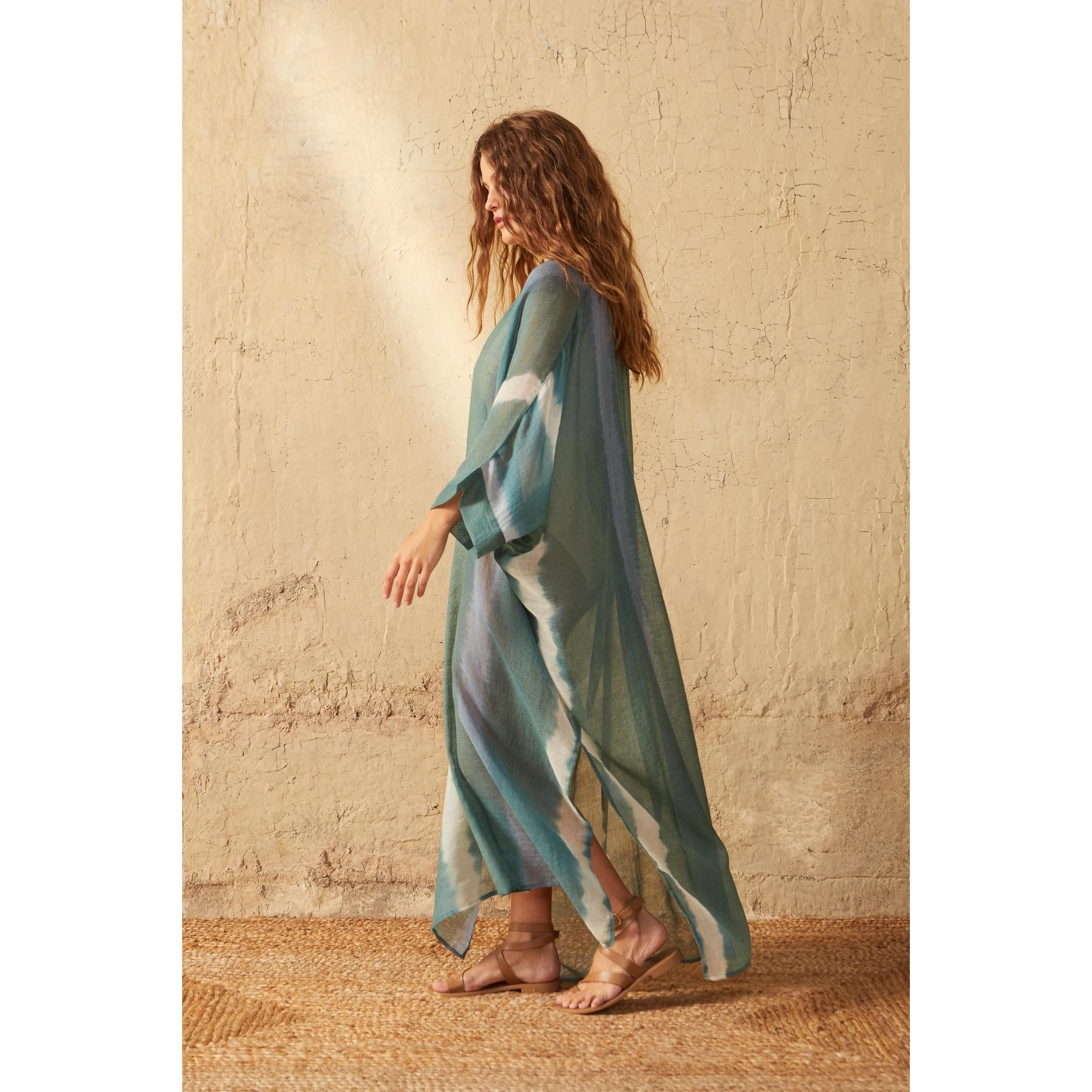 Cafetan Bella Tie And Dye Etamine De Laine - Lagon Green