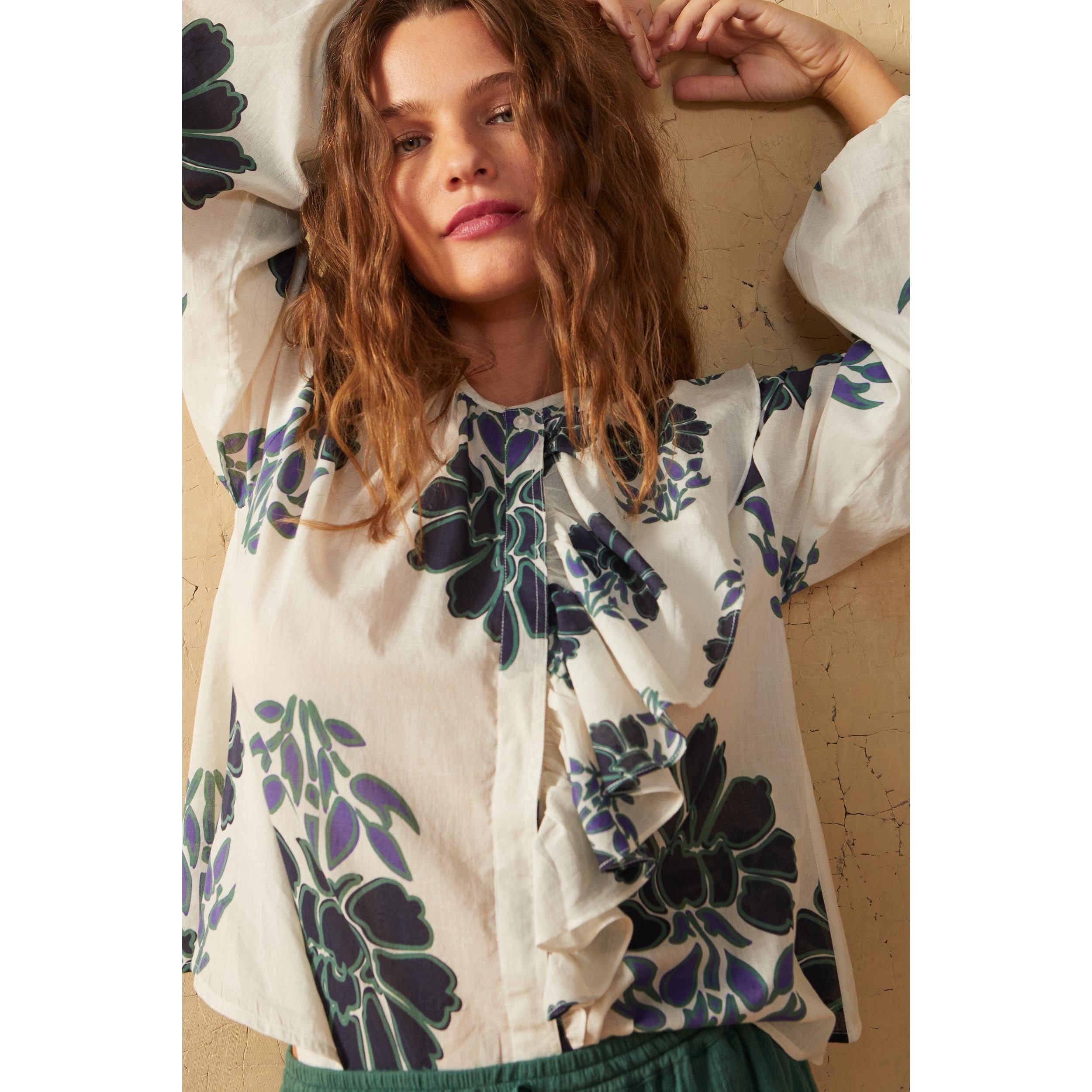 Blouse Romantica Imprime Indian Flowers - Blue