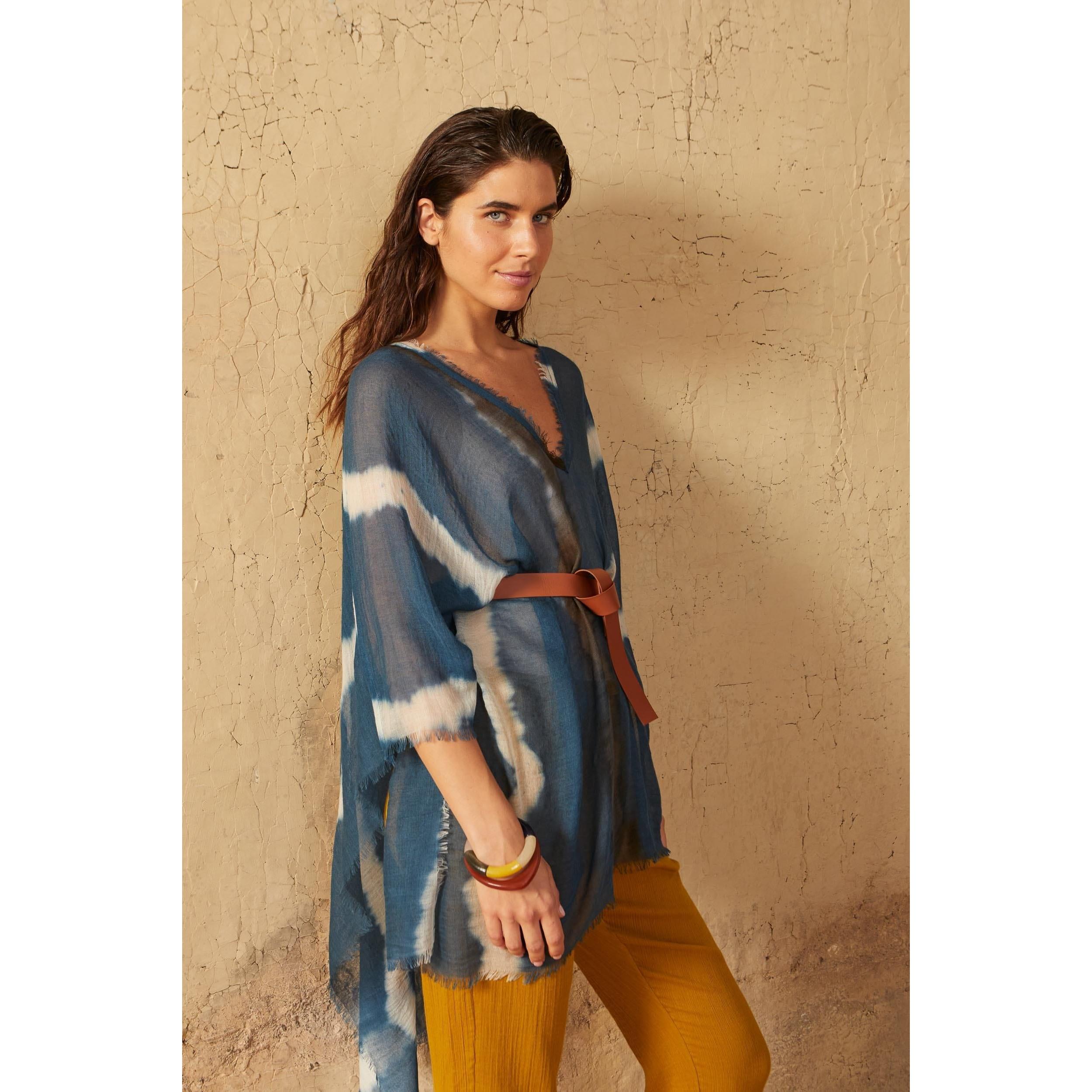Poncho Rafaele Tie And Dye Etamine De Laine - Blue Print