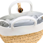 Interior view of Melita Off-White Mini Tote Bag showcasing leather and hand-woven raffia materials.