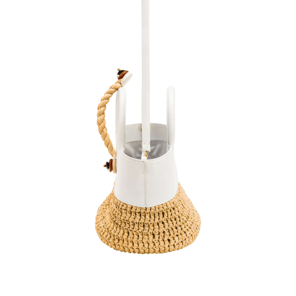 Melita Off-White Mini Tote Bag featuring leather and hand-woven raffia, perfect for summer styling.