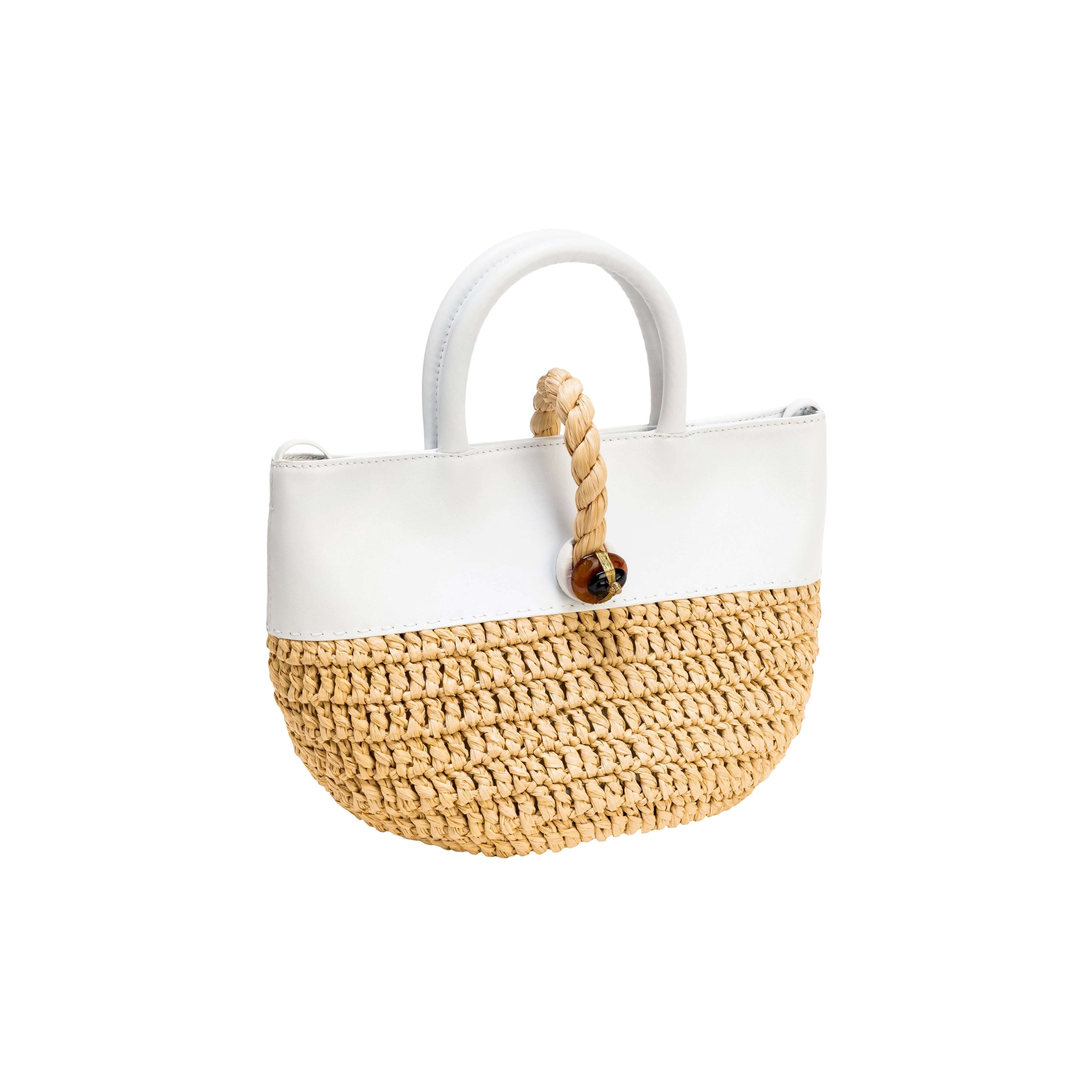 Melita Off-White Mini Tote Bag featuring leather and hand-woven raffia, accented with natural stones and a braided handle.