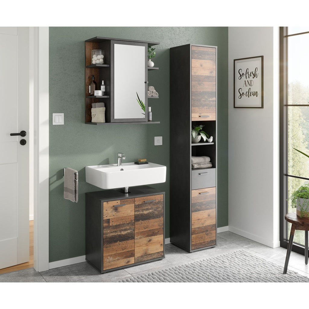 Colonne De Salle De Bain 2 Portes Et 1 Tiroir L32xH190cm - Madoc - Décor Bois Foncé
