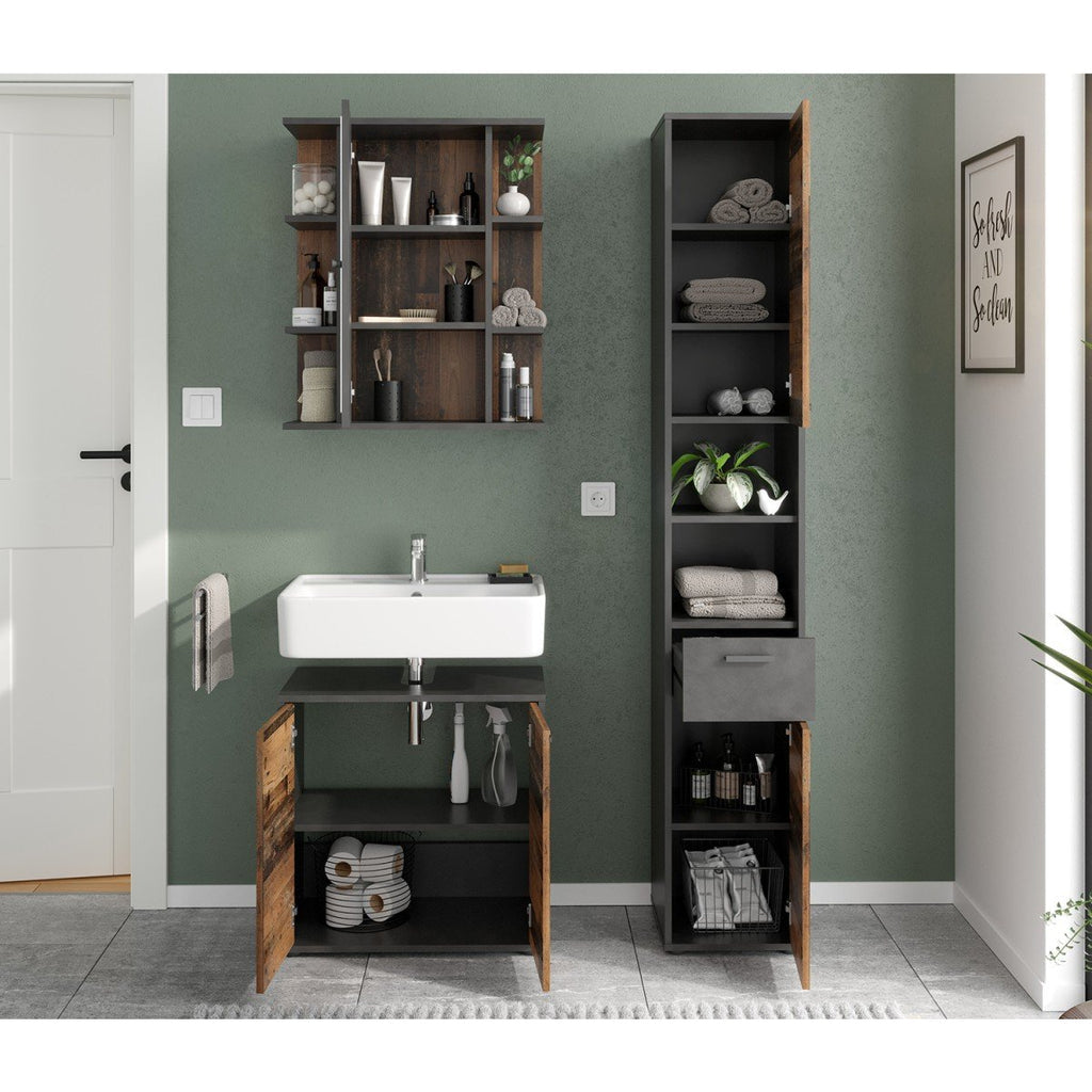 Colonne De Salle De Bain 2 Portes Et 1 Tiroir L32xH190cm - Madoc - Décor Bois Foncé
