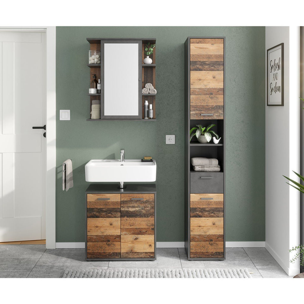 Colonne De Salle De Bain 2 Portes Et 1 Tiroir L32xH190cm - Madoc - Décor Bois Foncé