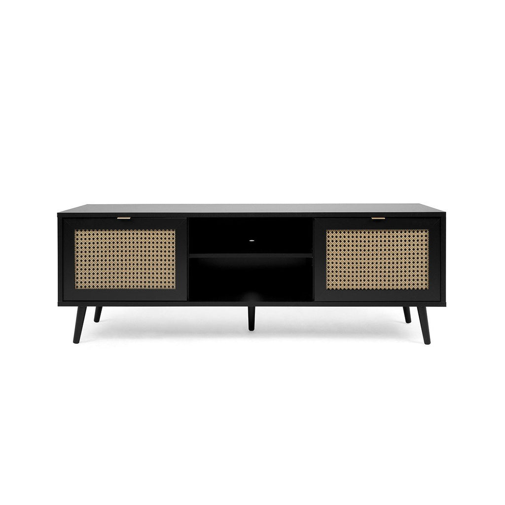Meuble TV 2 Portes Impression Cannage Et Noir L150xH52cm - Villa - Noir