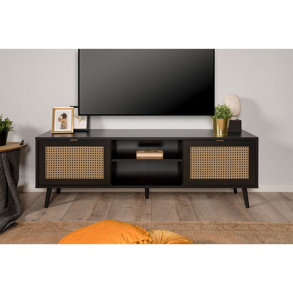 Meuble TV 2 Portes Impression Cannage Et Noir L150xH52cm - Villa - Noir