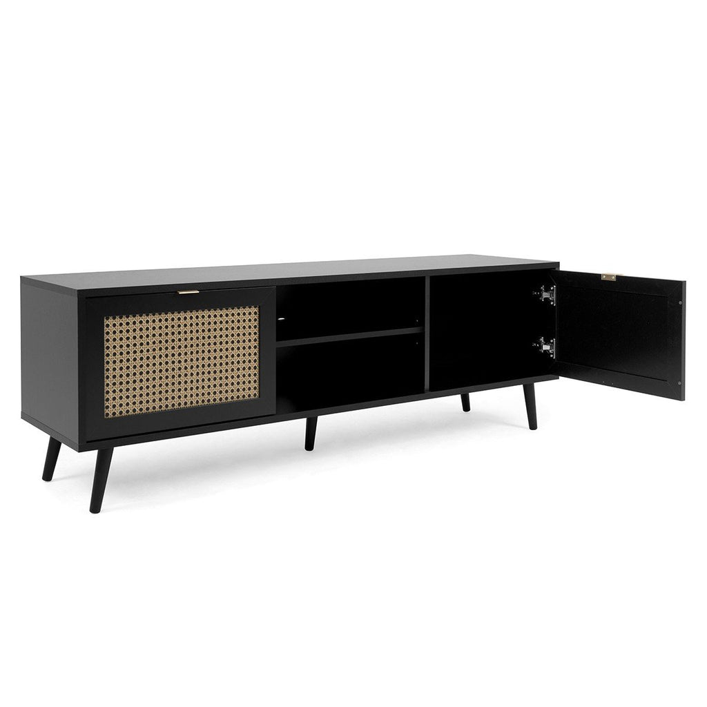Meuble TV 2 Portes Impression Cannage Et Noir L150xH52cm - Villa - Noir