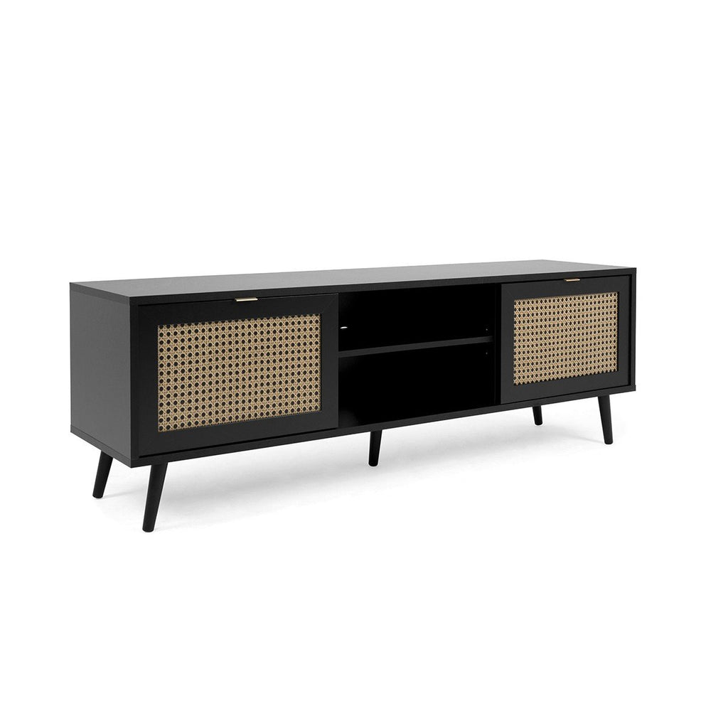 Meuble TV 2 Portes Impression Cannage Et Noir L150xH52cm - Villa - Noir