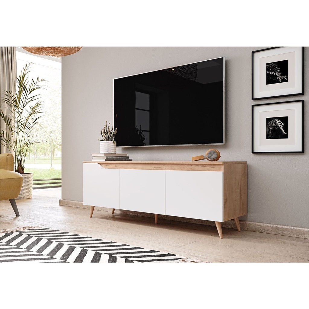 Meuble TV Scandinave 3 Portes Décor Bois Clair Et Blanc L140 cm - Tree - Blanc