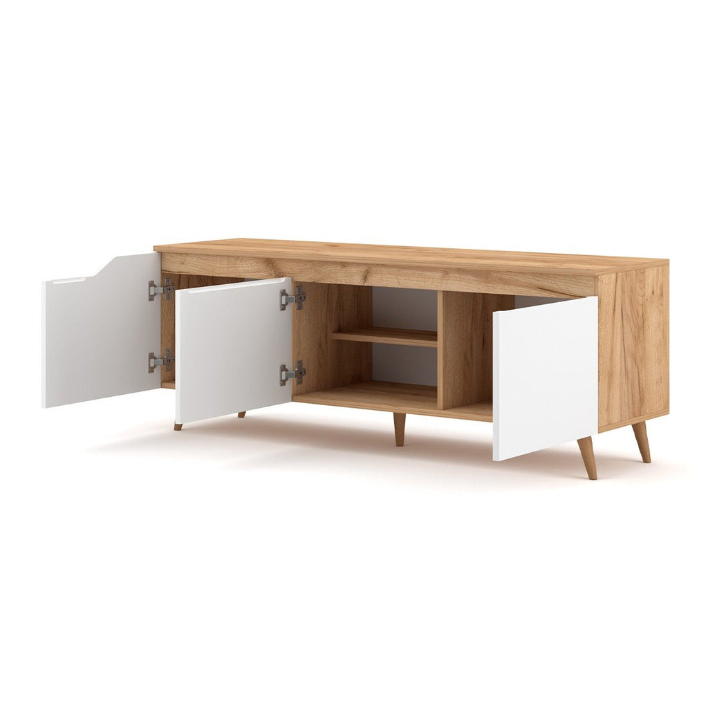 Meuble TV Scandinave 3 Portes Décor Bois Clair Et Blanc L140 cm - Tree - Blanc