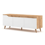 Meuble TV Scandinave 3 Portes Décor Bois Clair Et Blanc L140 cm - Tree - Blanc