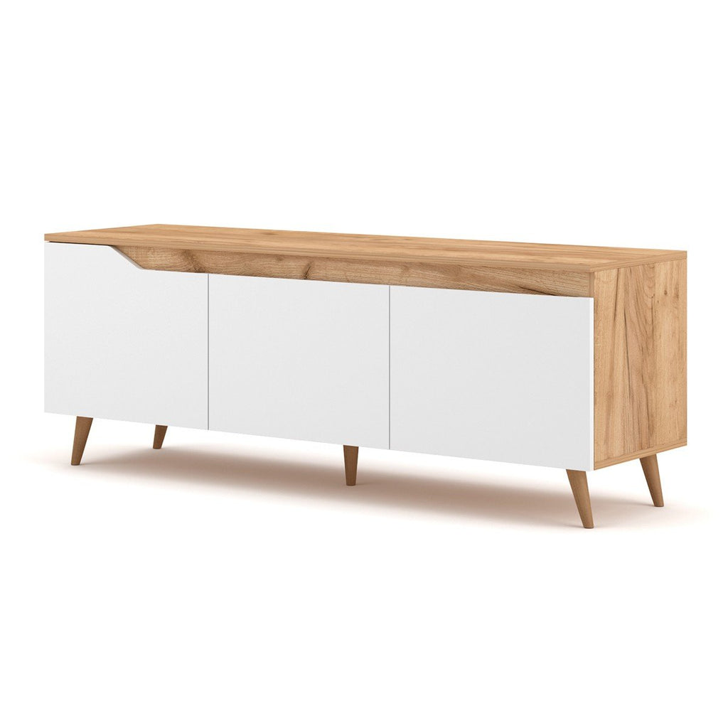 Meuble TV Scandinave 3 Portes Décor Bois Clair Et Blanc L140 cm - Tree - Blanc
