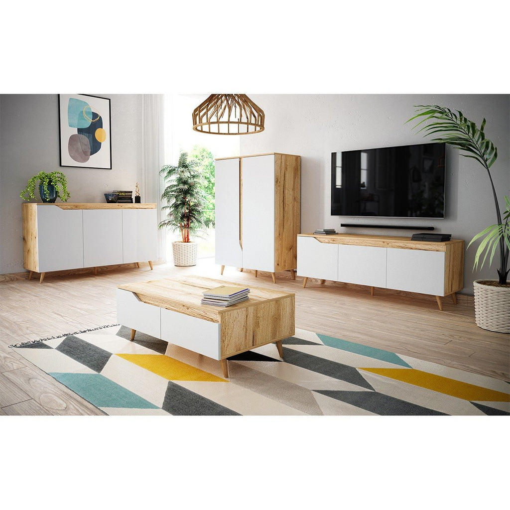 Meuble TV Scandinave 3 Portes Décor Bois Clair Et Blanc L140 cm - Tree - Blanc