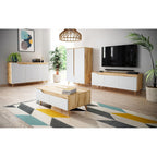 Meuble TV Scandinave 3 Portes Décor Bois Clair Et Blanc L140 cm - Tree - Blanc
