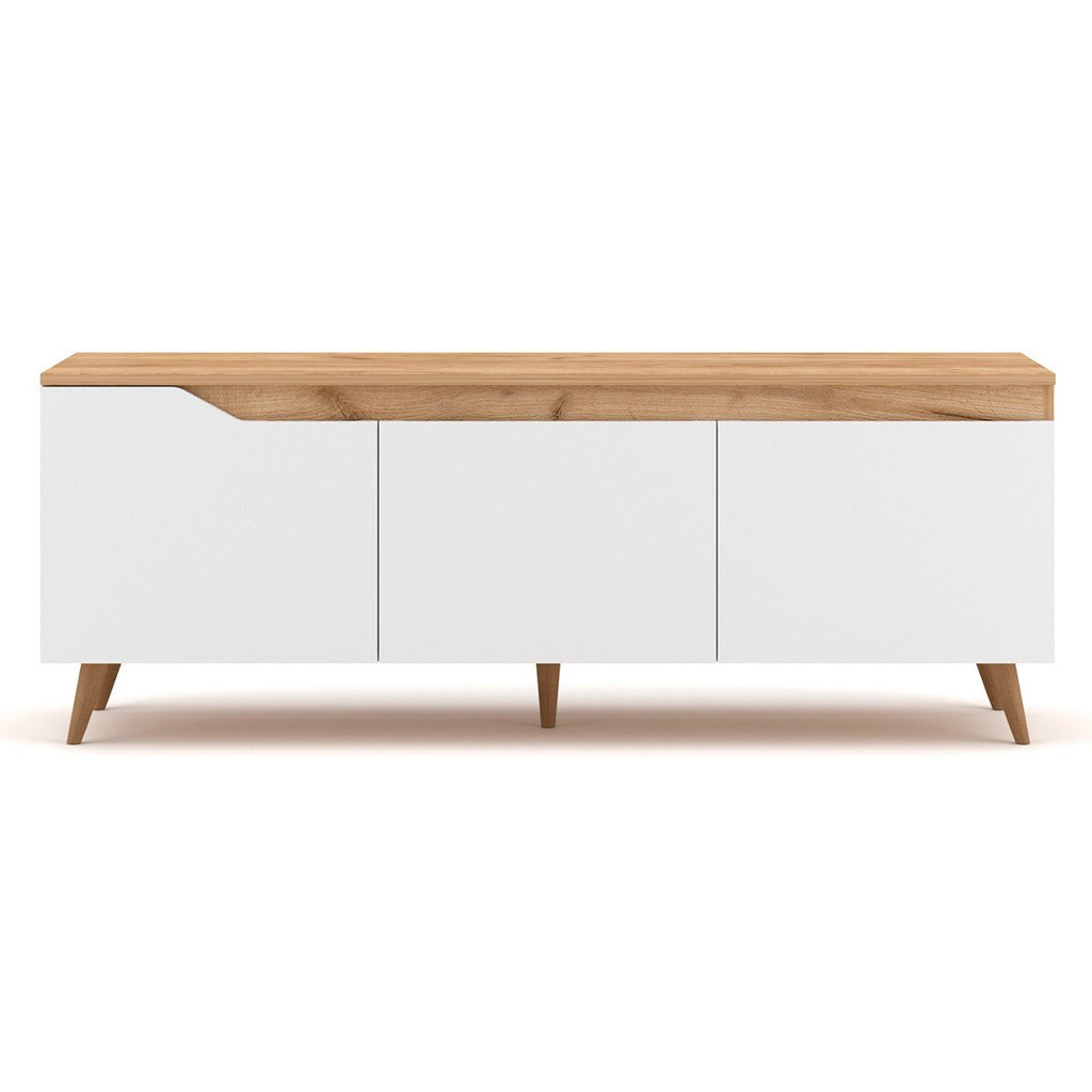 Meuble TV Scandinave 3 Portes Décor Bois Clair Et Blanc L140 cm - Tree - Blanc