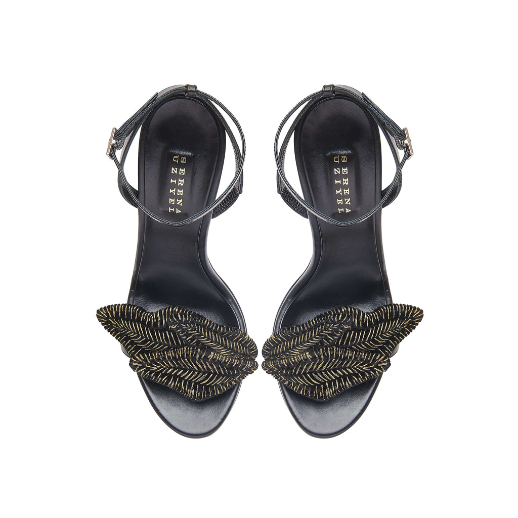Mirales Black High-Heel Ankle Cross Sandal with stylish leaf detailing and adjustable ankle strap.