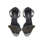 Mirales Black High-Heel Ankle Cross Sandal with stylish leaf detailing and adjustable ankle strap.