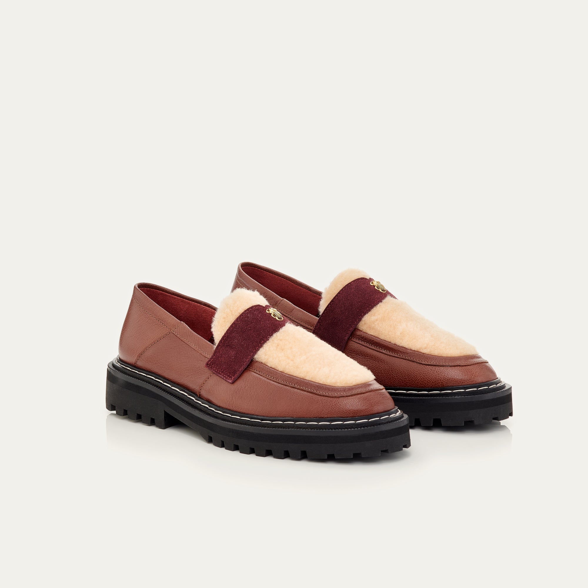 Mocassin Cuir Mia Ecorce Et Peau Lainee Creme