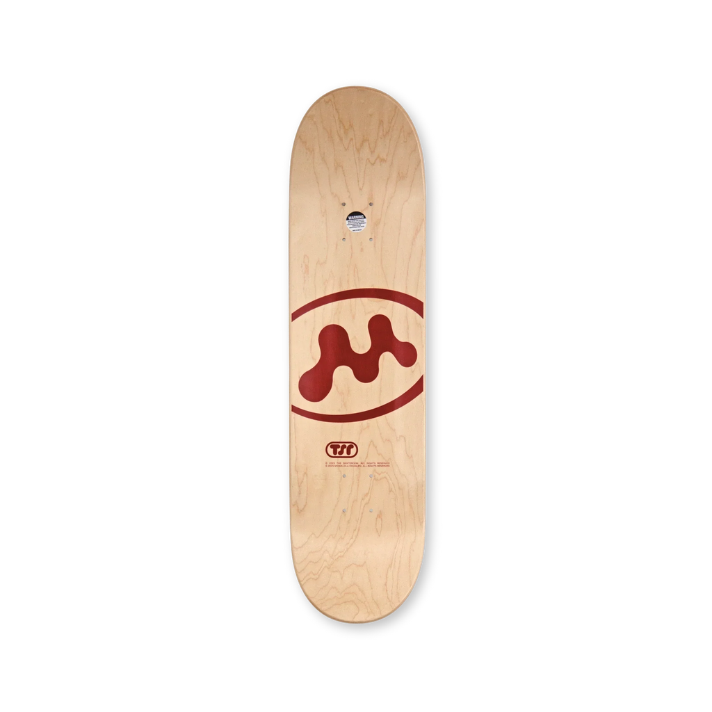 Mowalola Skateboard Top – natural wood top print with red Mowalola insignia and TSR logo. Top-side view.