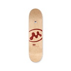 Mowalola Skateboard Top – natural wood top print with red Mowalola insignia and TSR logo. Top-side view.