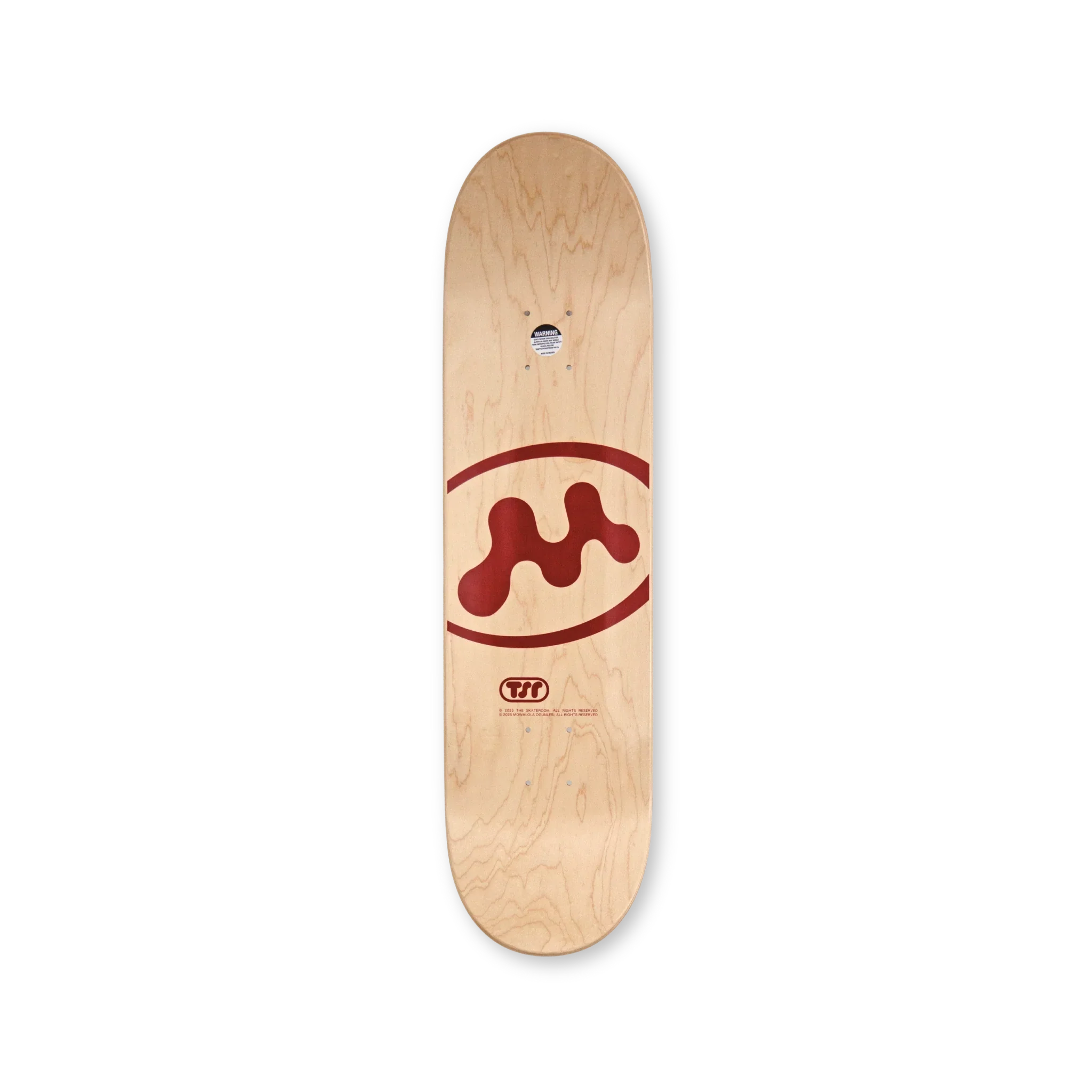 Mowalola Skateboard Top – natural wood top print with red Mowalola insignia and TSR logo. Top-side view.