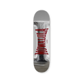 Mowalola Chrome Skateboard Top – silver top print with vertical red ‘MOWALOLA’ lettering. Polished industrial finish.