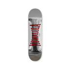 Mowalola Chrome Skateboard Top – silver top print with vertical red ‘MOWALOLA’ lettering. Polished industrial finish.