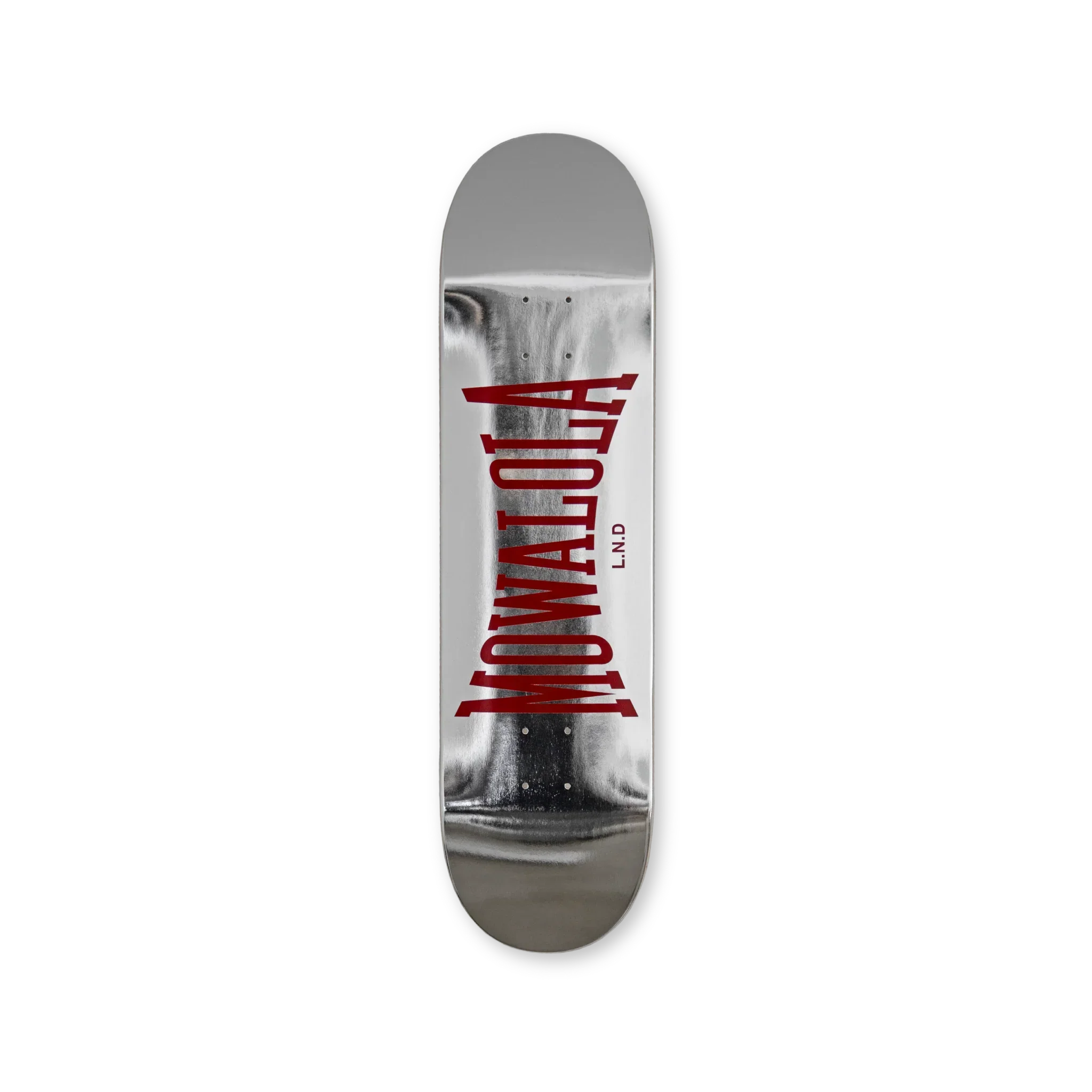 Mowalola Chrome Skateboard Top – silver top print with vertical red ‘MOWALOLA’ lettering. Polished industrial finish.