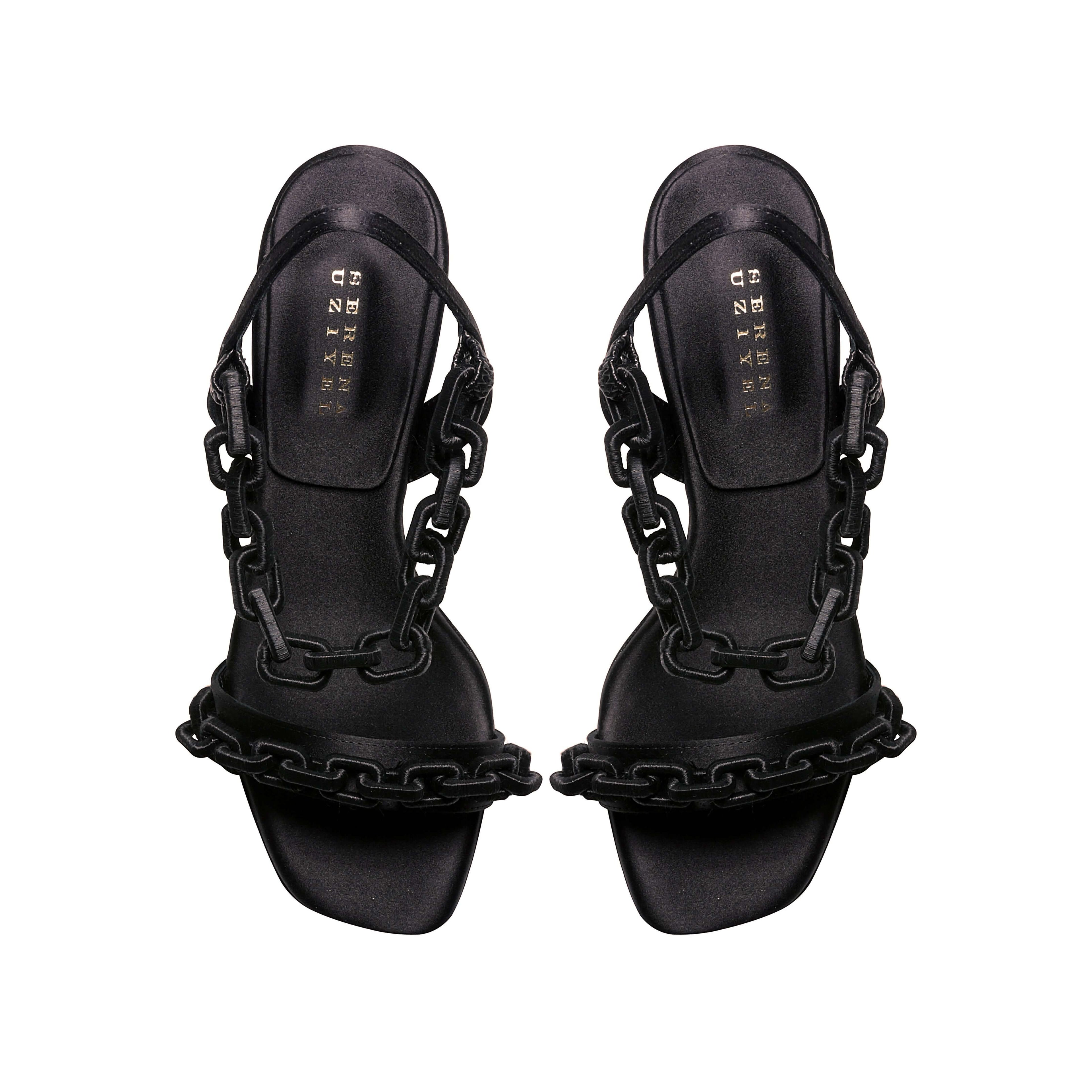 Elegant Catena Notte black high-heel sandals with chain embroidery, crafted in Italy for timeless sophistication.
