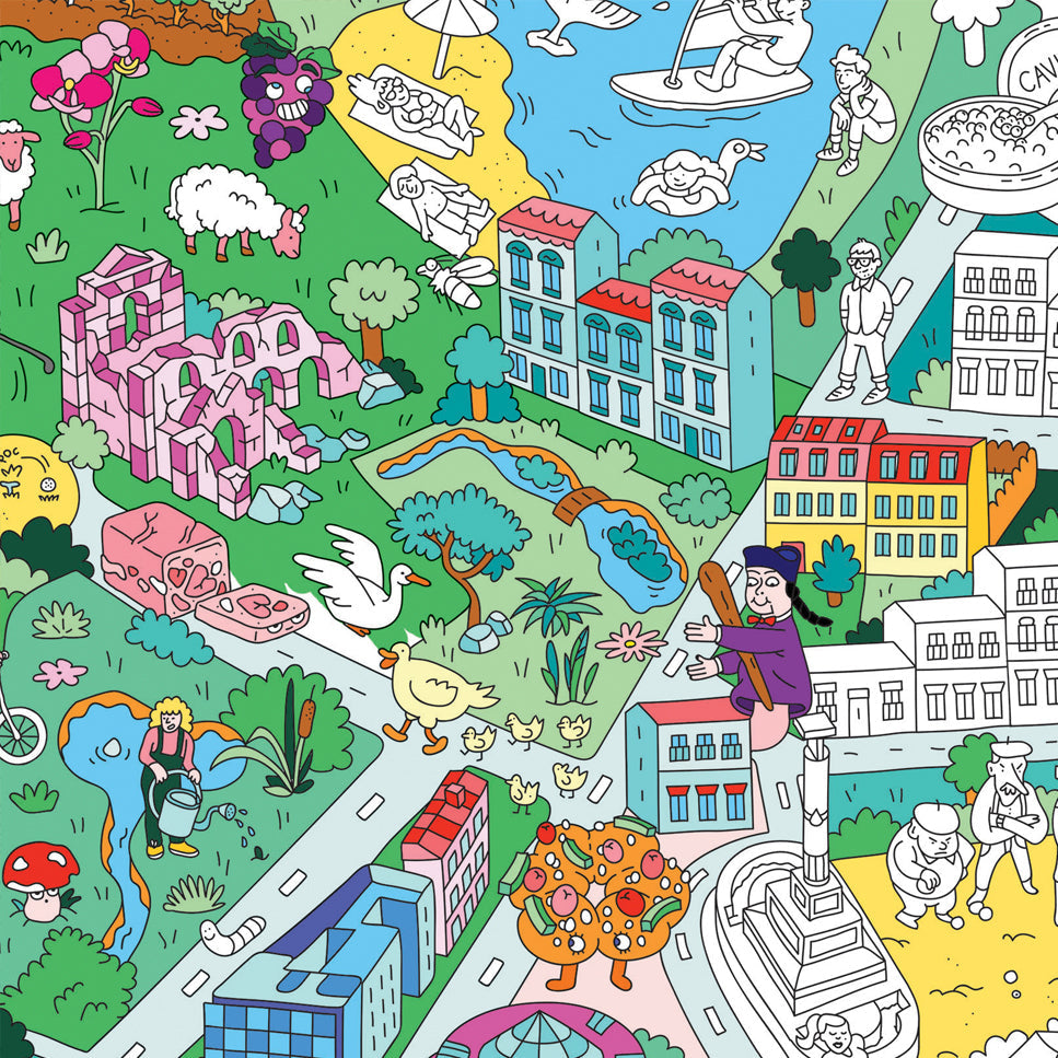 Affiche Bordeaux OMY colorée – scènes de marché, fleuve et églises à colorier