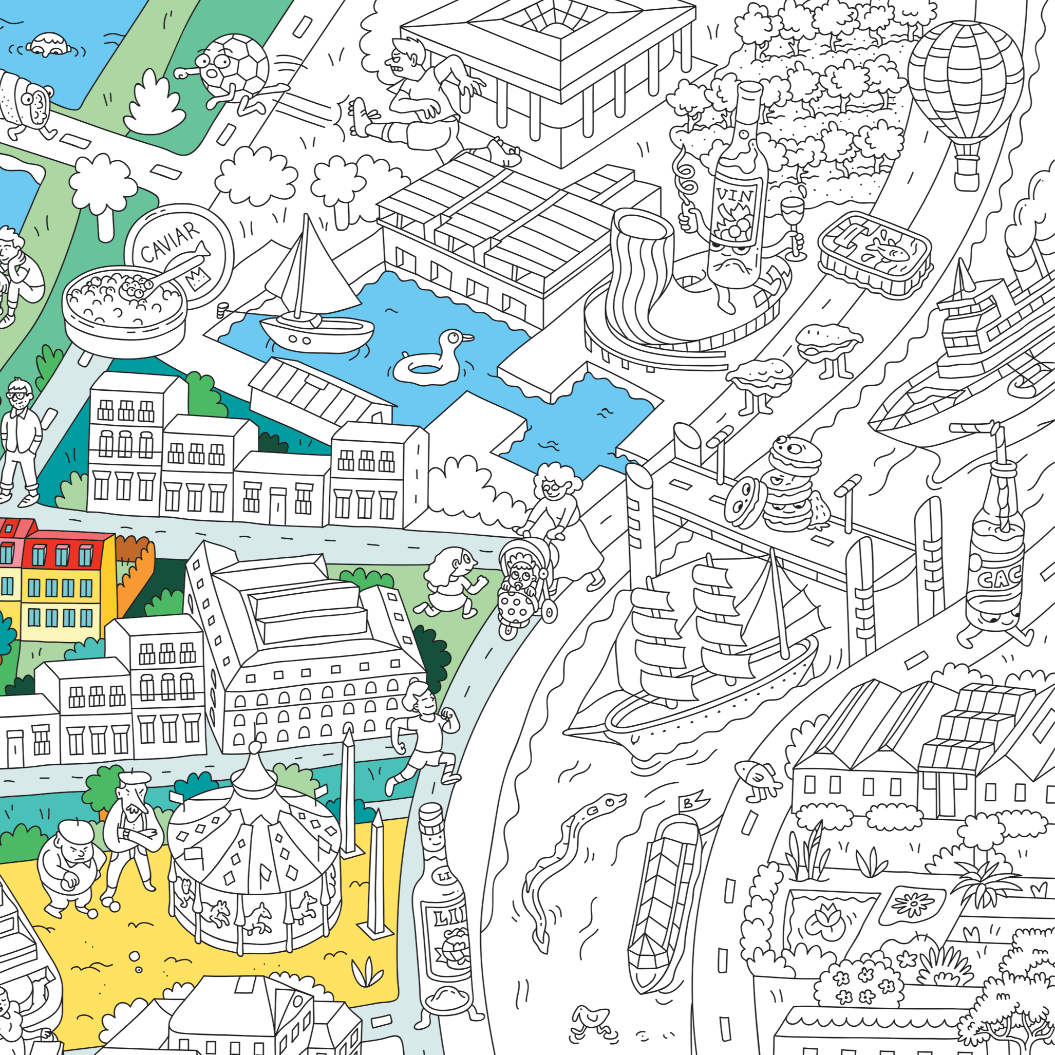 Zoom sur le poster géant à colorier Bordeaux – cité du vin, marché des Capucins, bassin des Lumières et Garonne