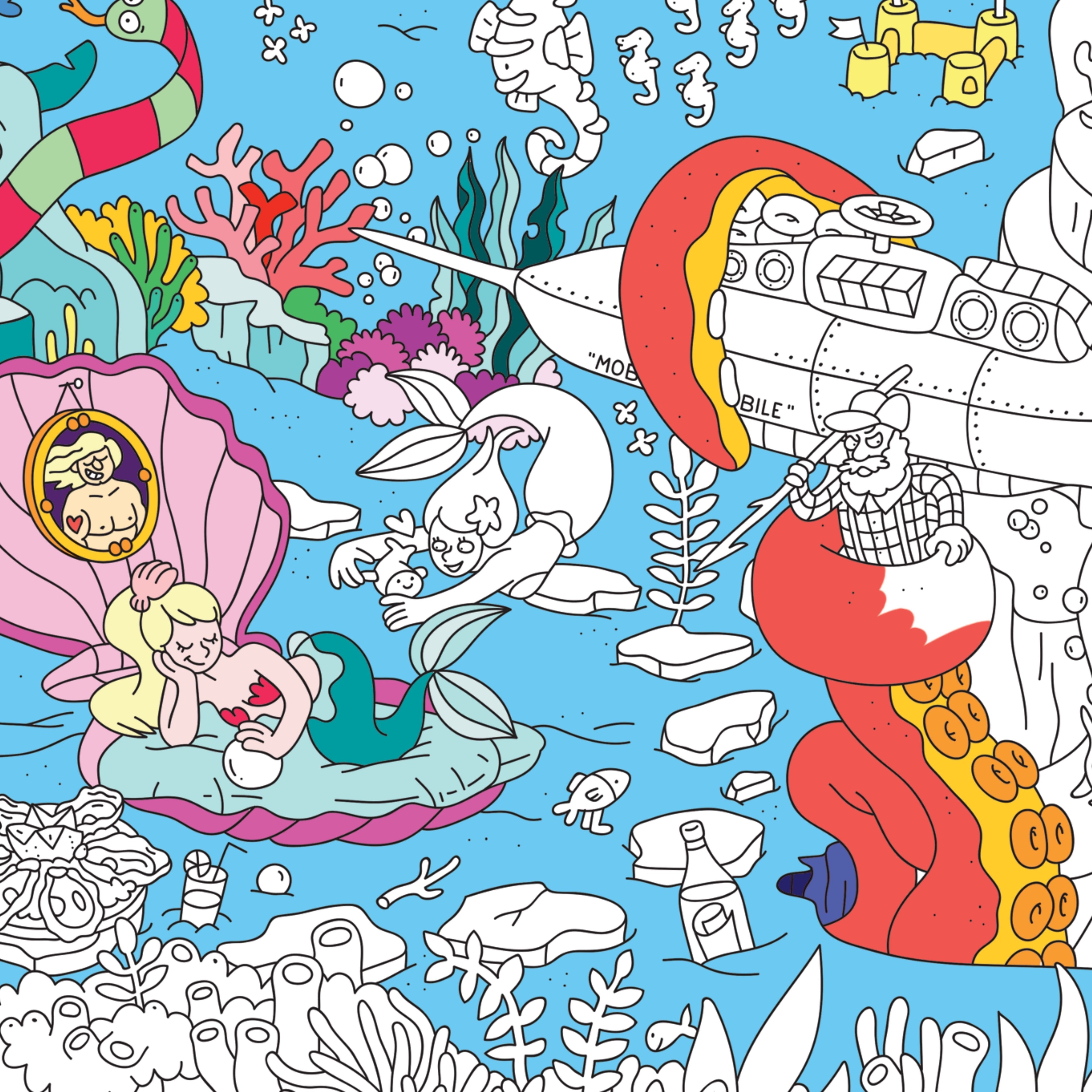 Détail colorié du poster Océan avec sirène, pieuvre, corail et monde marin ludique