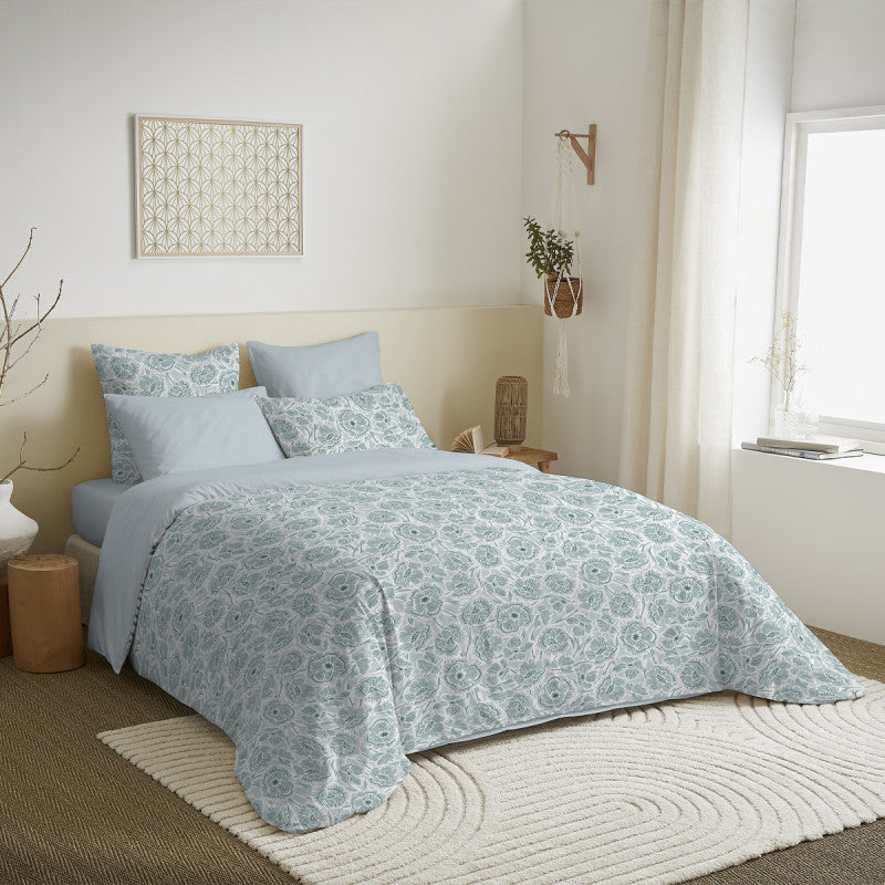 Pack Complet Imprimé (Housse De Couette + Taie(s) + Drap Housse) - 100% Coton 57 Fils - Agathe Celadon