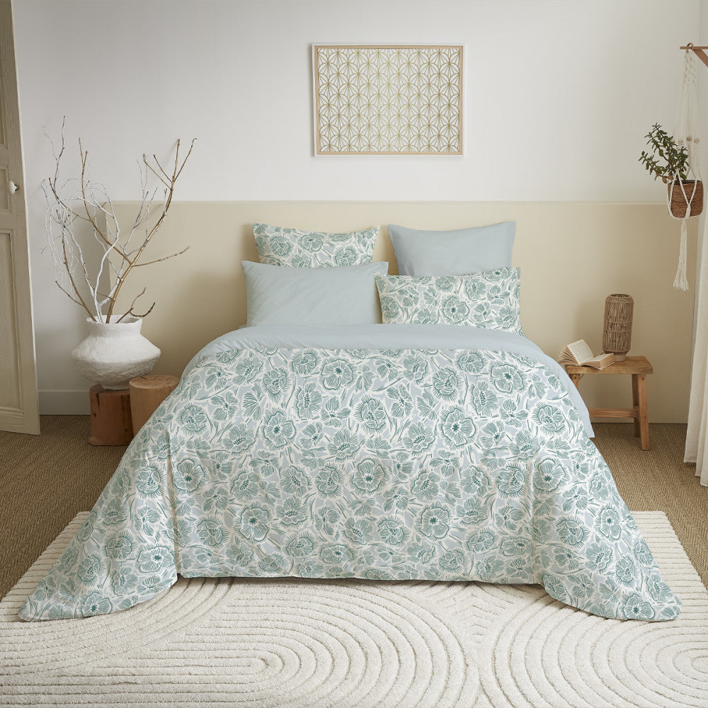 Pack Complet Imprimé (Housse De Couette + Taie(s) + Drap Housse) - 100% Coton 57 Fils - Agathe Celadon