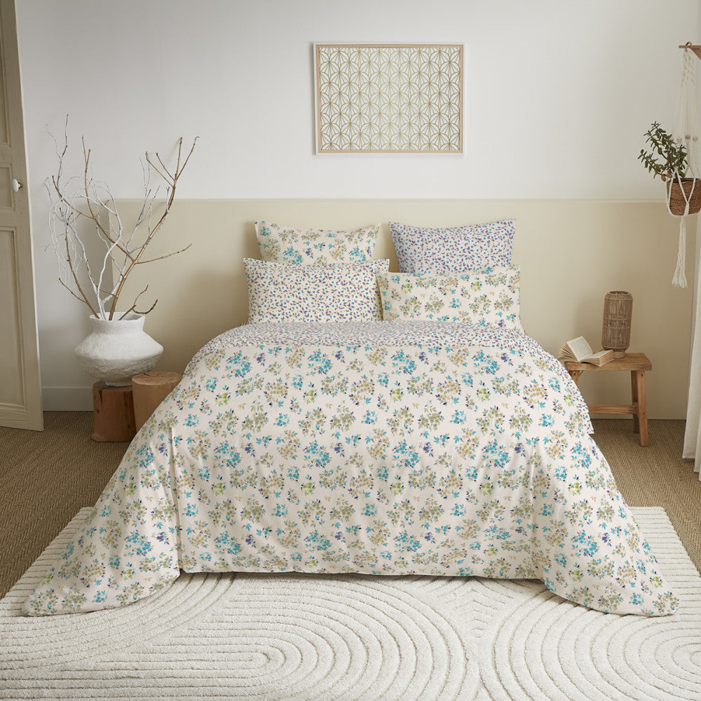 Pack Complet Imprimé (Housse De Couette + Taie(s) + Drap Housse) - 100% Coton 57 Fils - Tanya Cyan