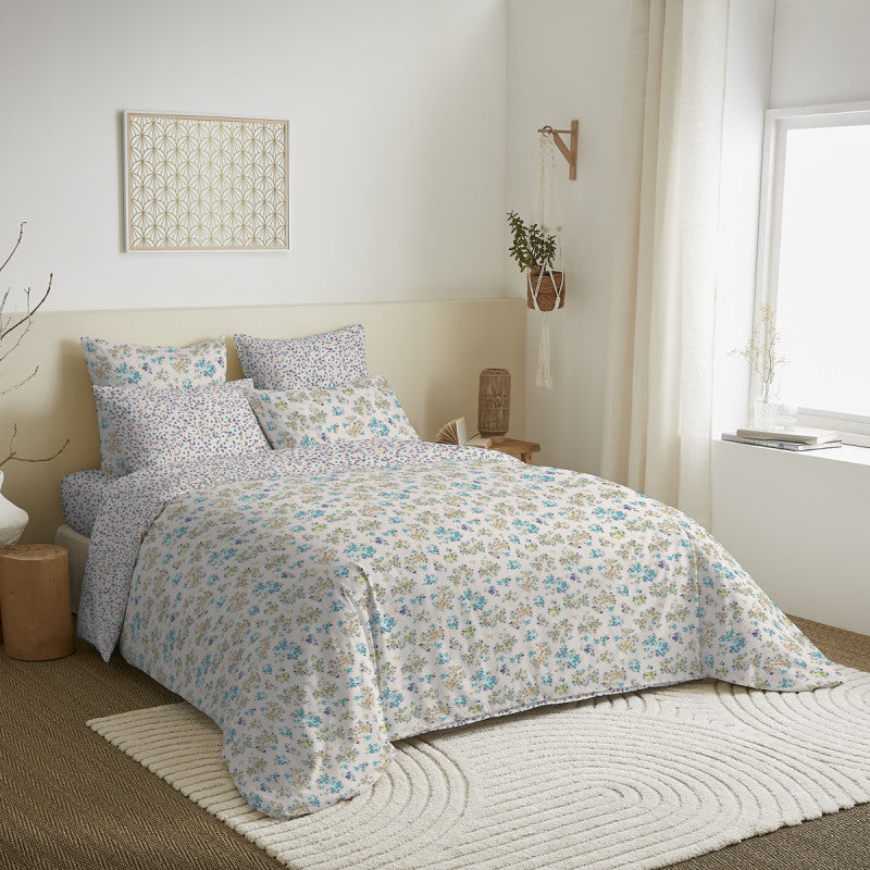 Pack Complet Imprimé (Housse De Couette + Taie(s) + Drap Housse) - 100% Coton 57 Fils - Tanya Cyan