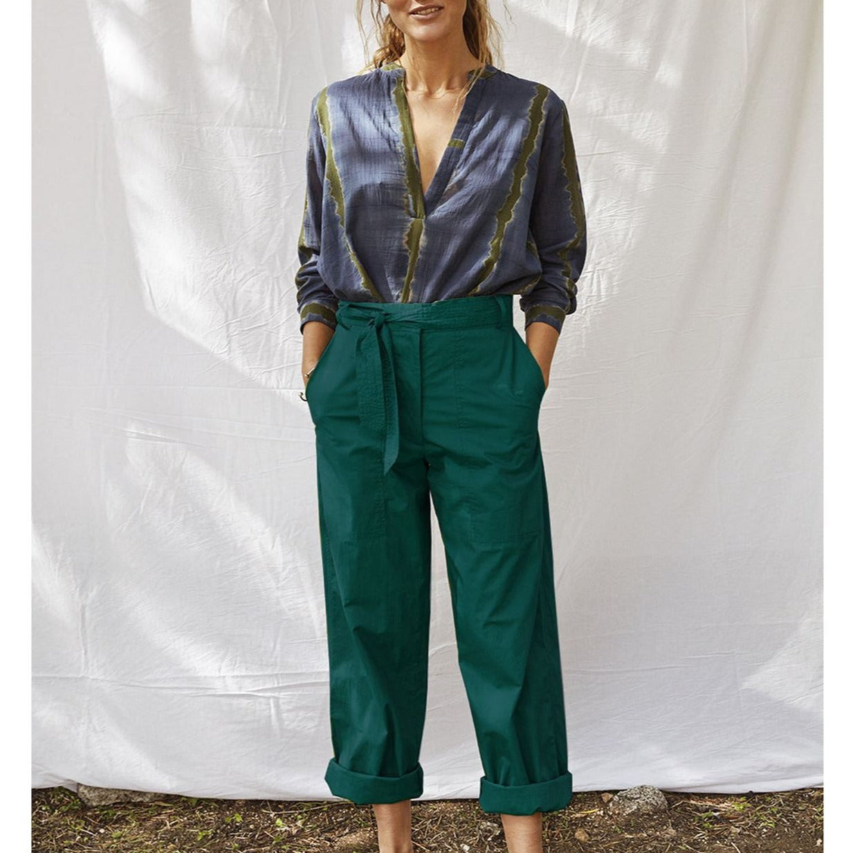 Pantalon Taille Haute Marco En Popline De Coton - Vert Jungle Pantalons Et Combinaisons Mare Di Latte